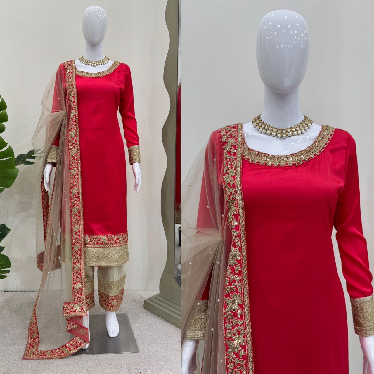 Elegant Satin Silk Pant Suit with Dupatta – 2025 Trending Collection