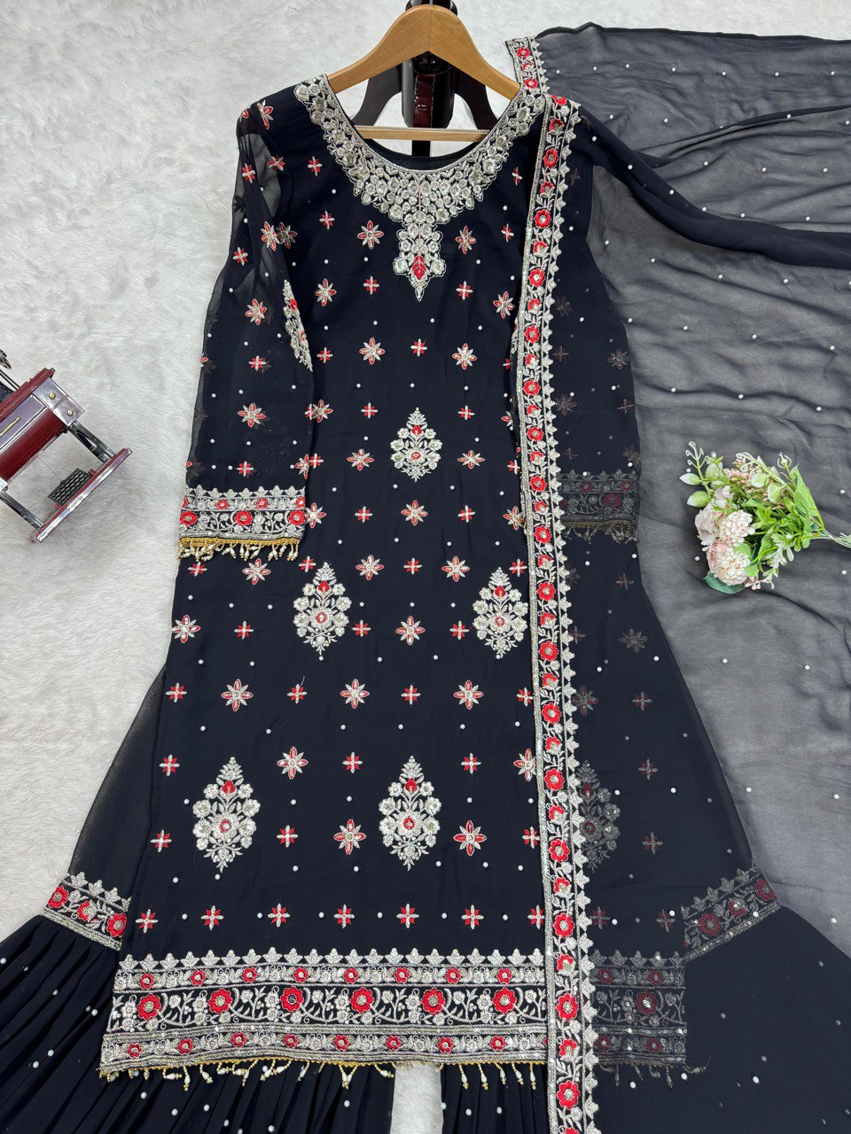 Stylish Faux Georgette Suit with Sharara & Dupatta – Perfect for Festive Glam!