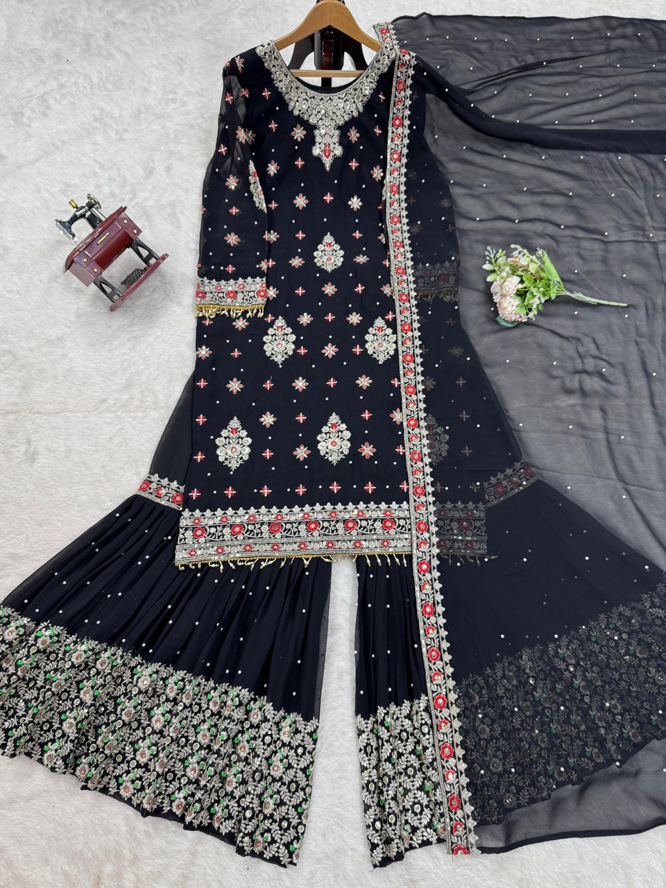 Stylish Faux Georgette Suit with Sharara & Dupatta – Perfect for Festive Glam!