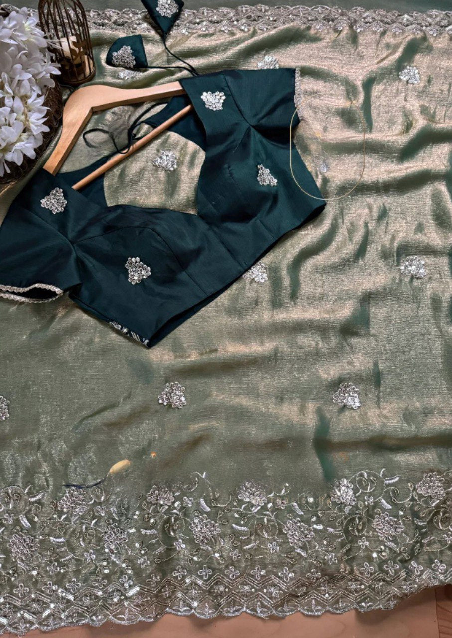 Elegant Burberry Silk Saree with Thread and Sequin Work – Perfect for Festive Glam