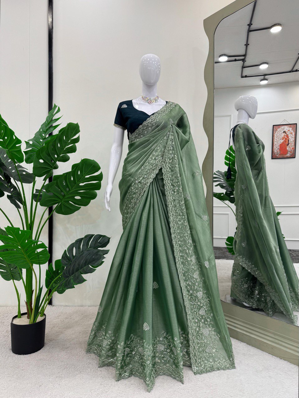 Elegant Burberry Silk Saree with Thread and Sequin Work – Perfect for Festive Glam