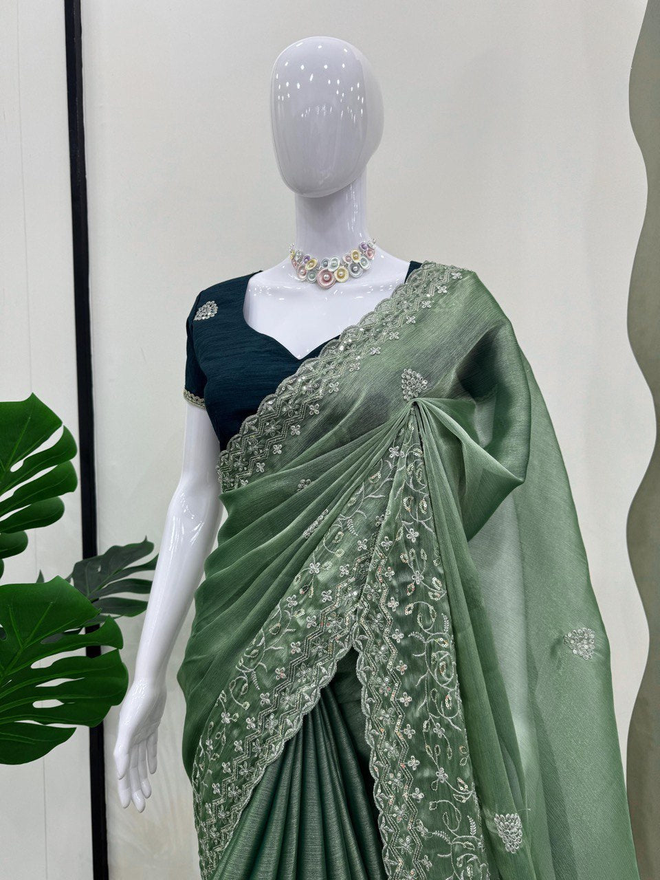 Elegant Burberry Silk Saree with Thread and Sequin Work – Perfect for Festive Glam