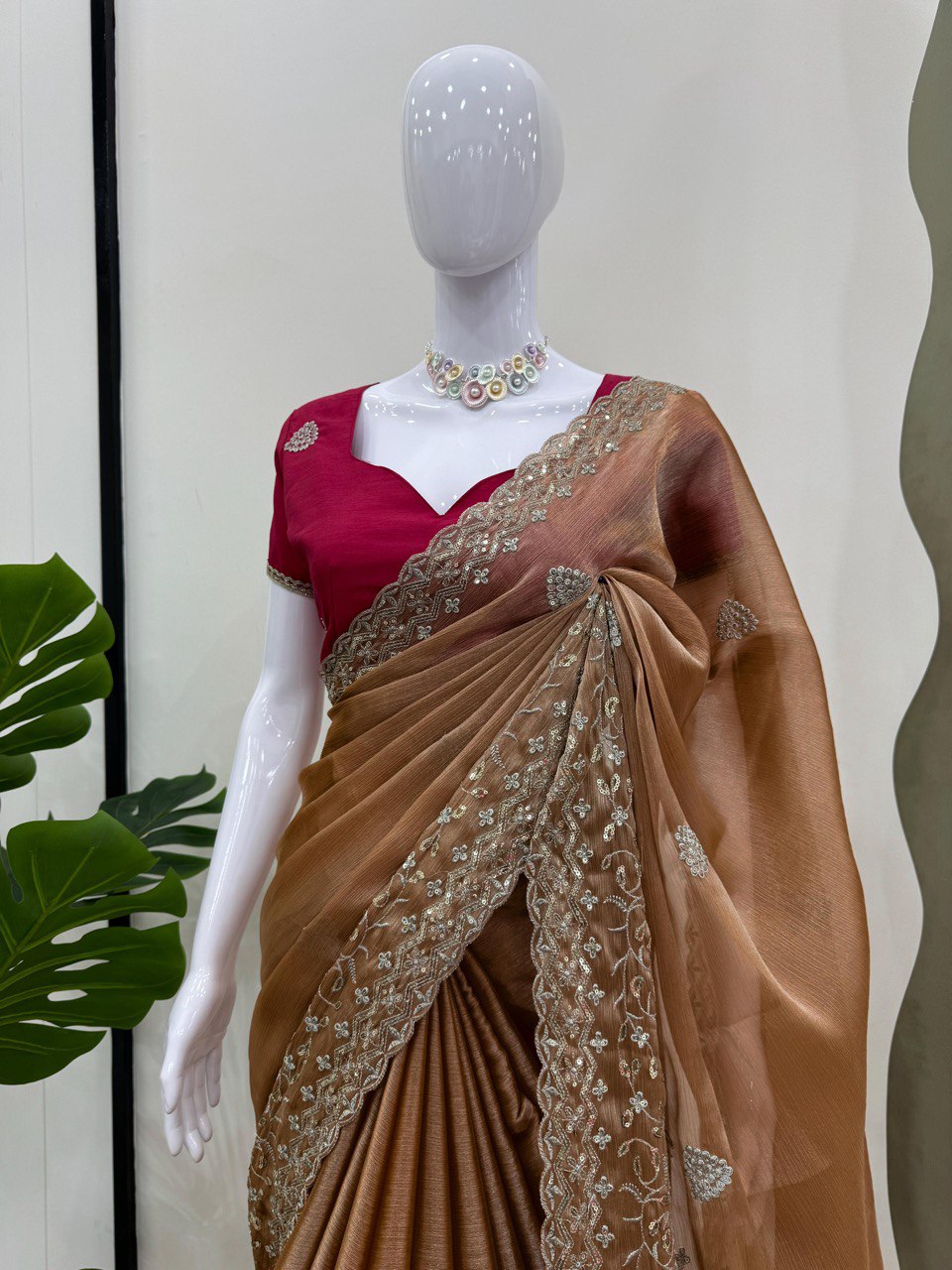 Elegant Burberry Silk Saree with Thread and Sequin Work – Perfect for Festive Glam