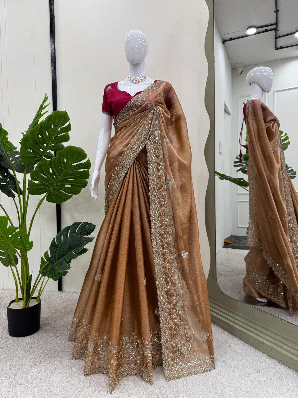 Elegant Burberry Silk Saree with Thread and Sequin Work – Perfect for Festive Glam