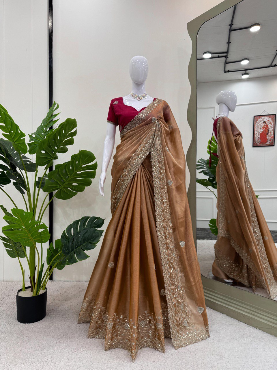 Elegant Burberry Silk Saree with Thread and Sequin Work – Perfect for Festive Glam