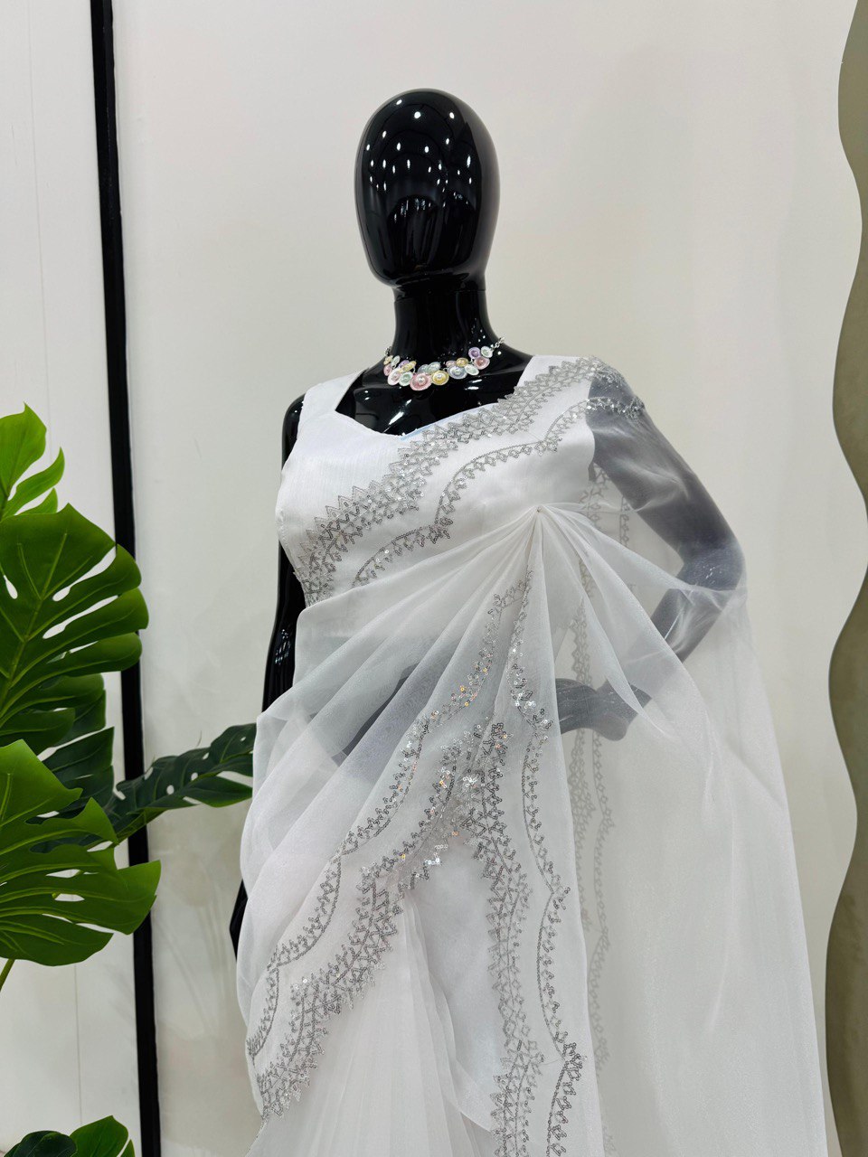 Heavy Organza Silk Saree with Sequins Embroidery &amp; Mono Benglori Blouse – Perfect for Party &amp; Festive Wear