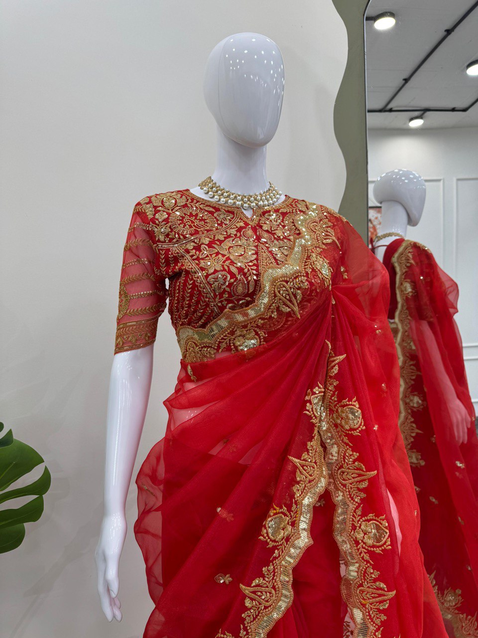 Red colour Heavy Organza Silk Saree with Thread & Sequins Embroidery – Perfect for Wedding & Festive Wear