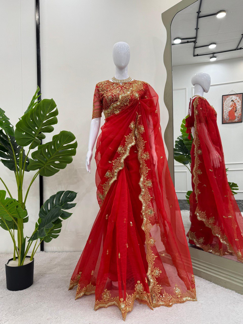 Red colour Heavy Organza Silk Saree with Thread & Sequins Embroidery – Perfect for Wedding & Festive Wear