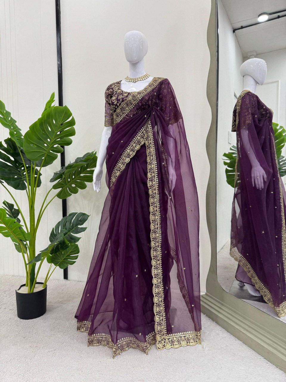 Elegant Soft Net Wine colour  Saree with Sequins Work – Stunning Party Wear