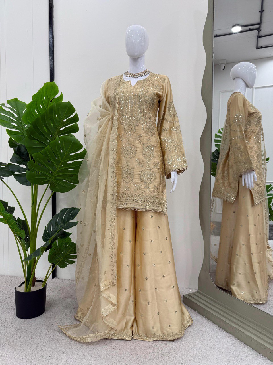 Latest Designer Chinon Silk Plazo Suit 2025