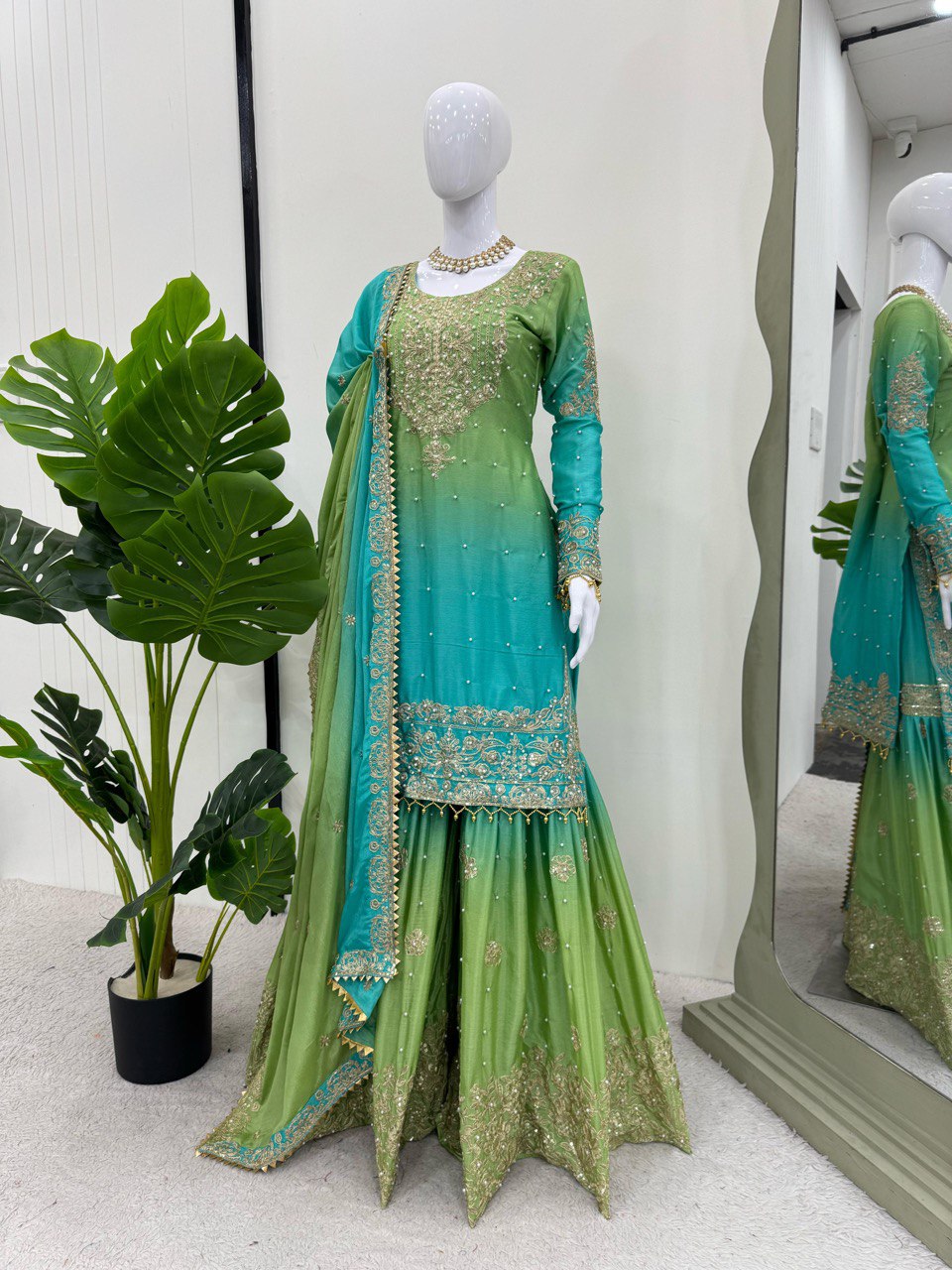 Designer Heavy Chinon Sharara Suit with Pearl & Sequins Work – Trending Wedding & Party Wear