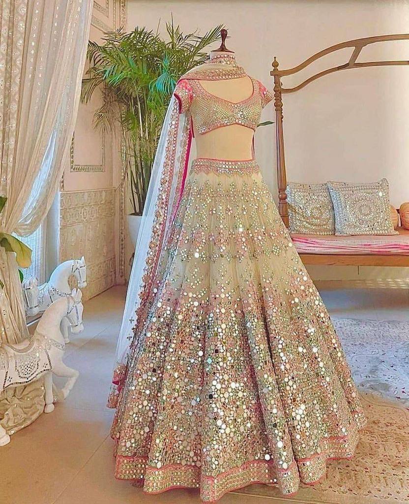 Luxury Soft Mono Net Real Mirror Work Lehenga – 2025 Designer Collection