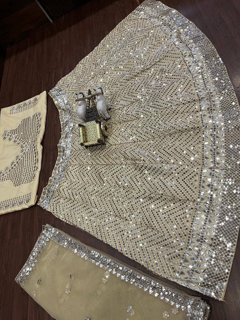 Elegant Mono Satin Silk Sequins &amp; Foil Mirror Work Lehenga – 2025 Designer Collection